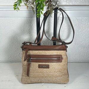 Dana Buchman Brown and Cream Crossbody Bag Woven Design Muti Zip Pocket Bag
